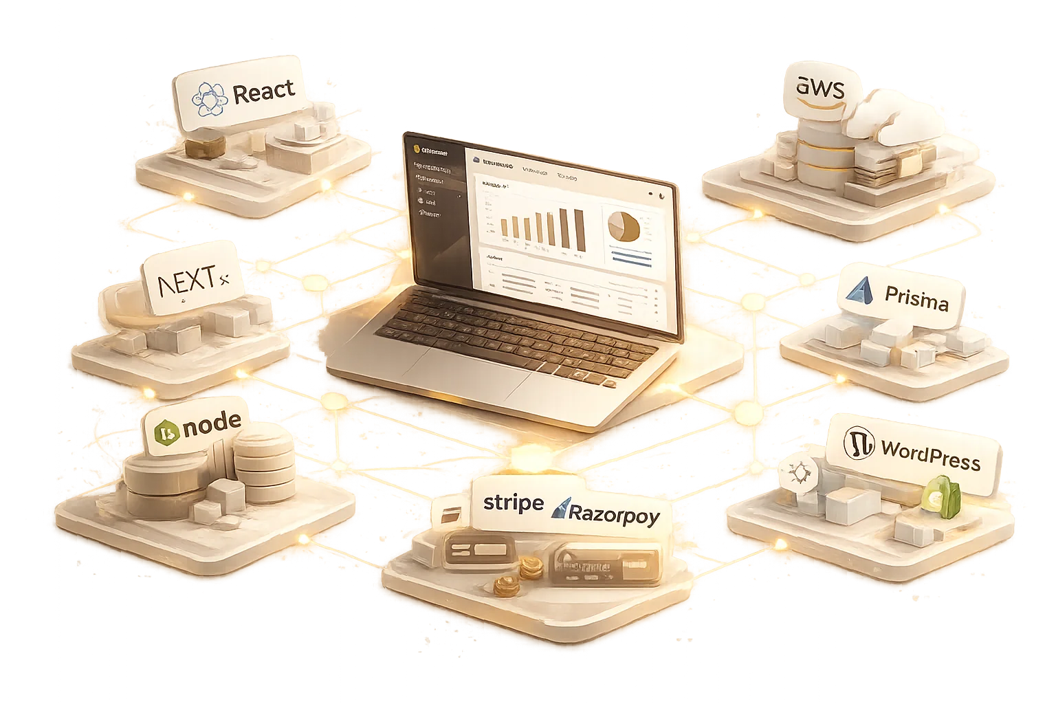 Tech stack illustration — React, Next.js, Node, AWS, Stripe, and more
