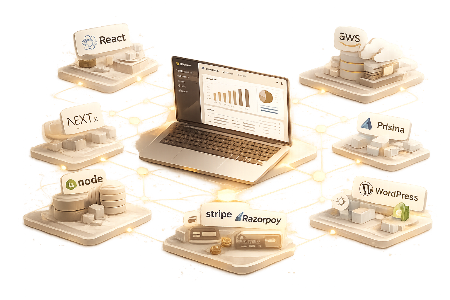 Tech stack illustration — React, Next.js, Node, AWS, Stripe, and more